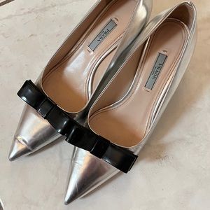 Prada metallic sliver kitten heels with black bow
